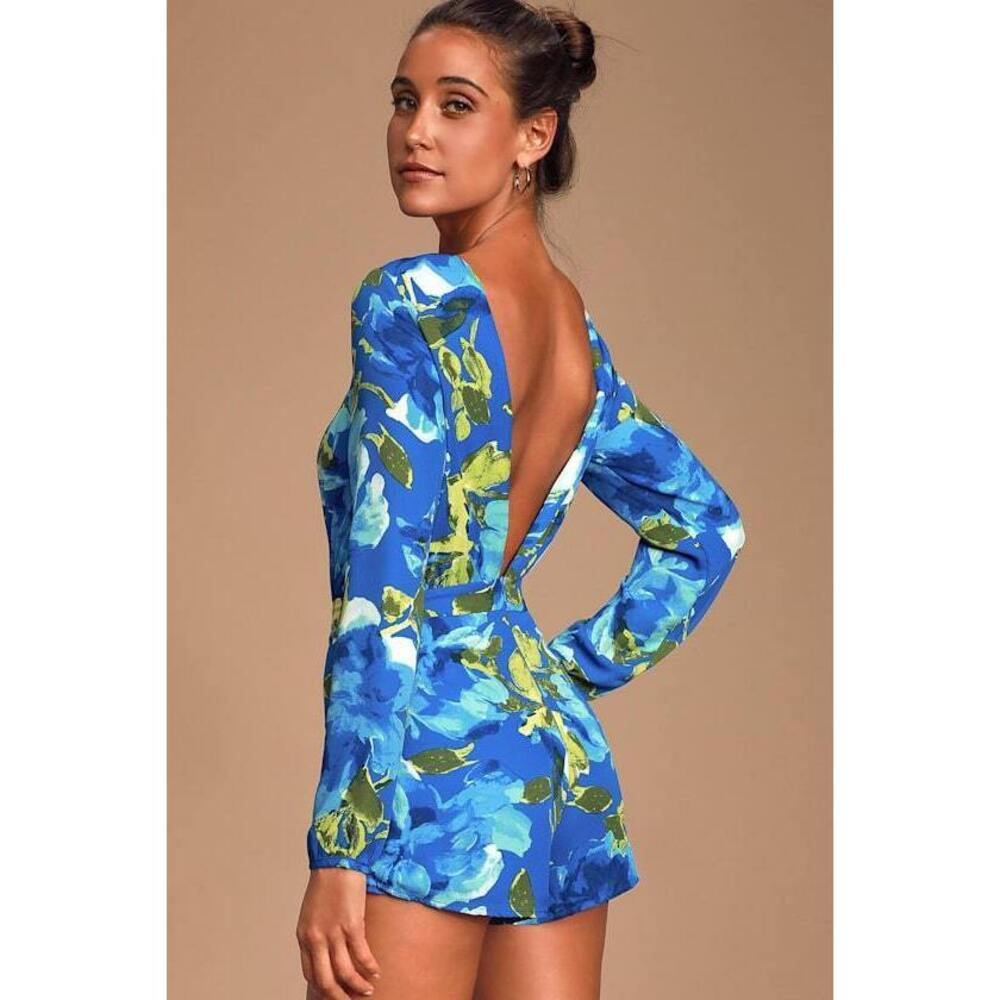 Lulus Sweetest Song Blue Floral Print Backless Long Sleeve Romper - Size M